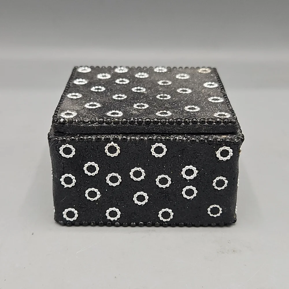 Vintage Black Glitter Trinket Box Jewelry Jeweled Beaded India Storage Sparkle